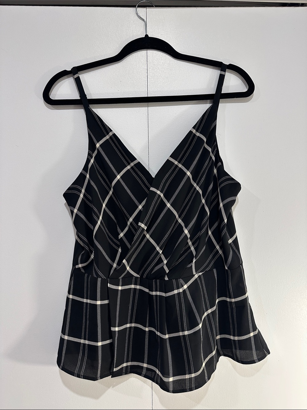 CAbi Black and White Plaid Wrap-Front Cami
